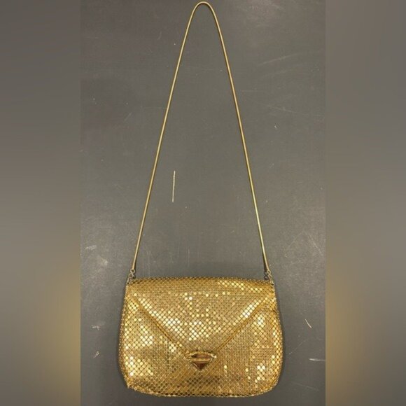 Vintage 802 Gold Metallic Mesh Purse Crossbody Envelope Evening Club Disco - Picture 3 of 10